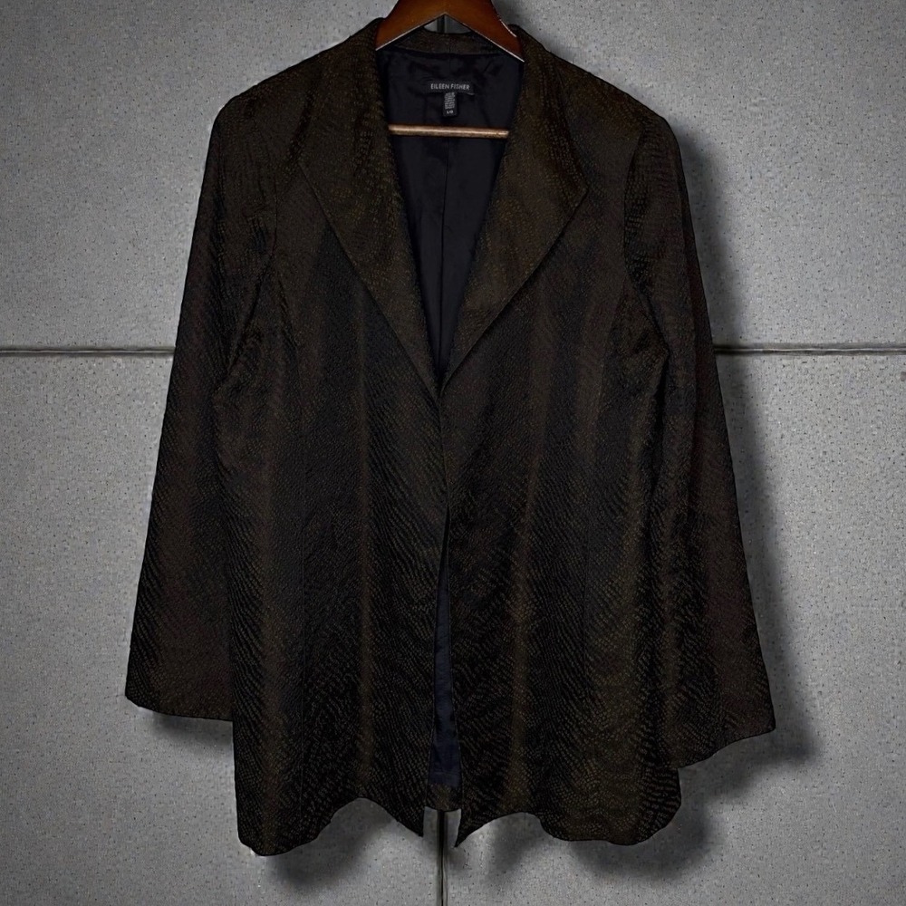 Eileen Fisher Silk Blend Jacquard‎ Open Front Jacket Black Brown size Large